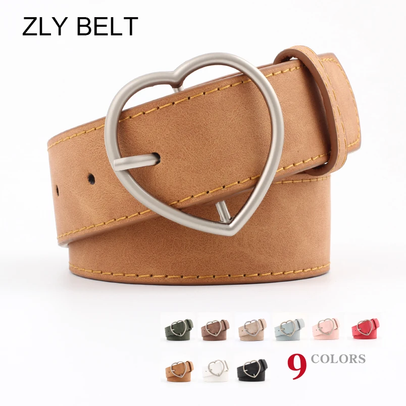 

ZLY 2022 New Fashion Belt Women Men Frosted Texture PU Leather Material Alloy Metal Heart Style Pin Buckle Casual Luxury Belt