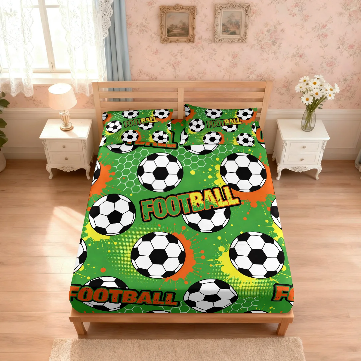 3pcs Colorful Football Printed Coreless Bed Sheet Set, Multi Size Soft Bed Cover, Bedroom Bedding Decoration, Machine Washable