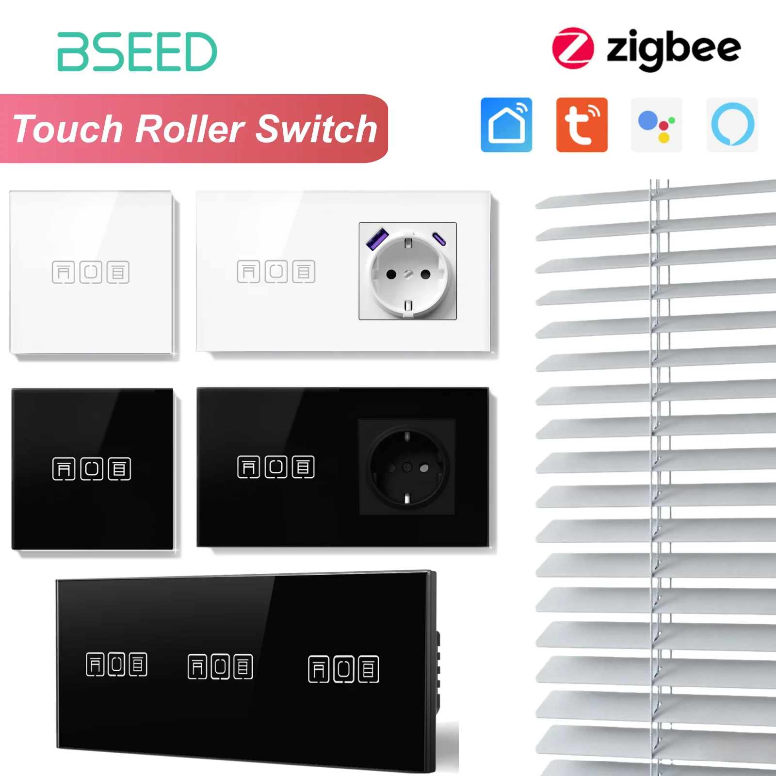 

BSEED Zigbee Smart Blind Switch Электрический переключатель рольставней с розеткой европейского стандарта Порт USB Type-C Tuya Alexa Smart Life App E Series