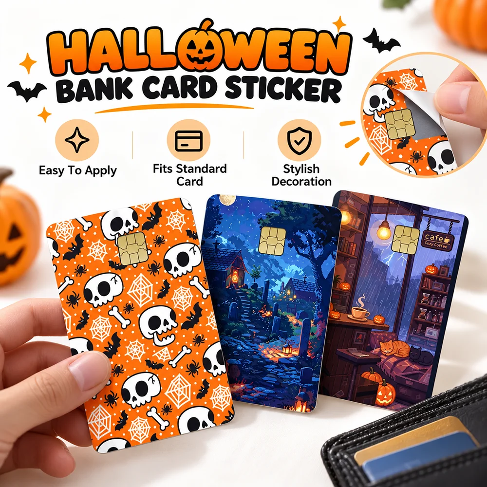 Spooky Cute Bank Card Sticker Halloween Card Skin Witch Hat Bat Moon Ghost Pattern Fun Seasonal Gift for Credit and Debit Cards