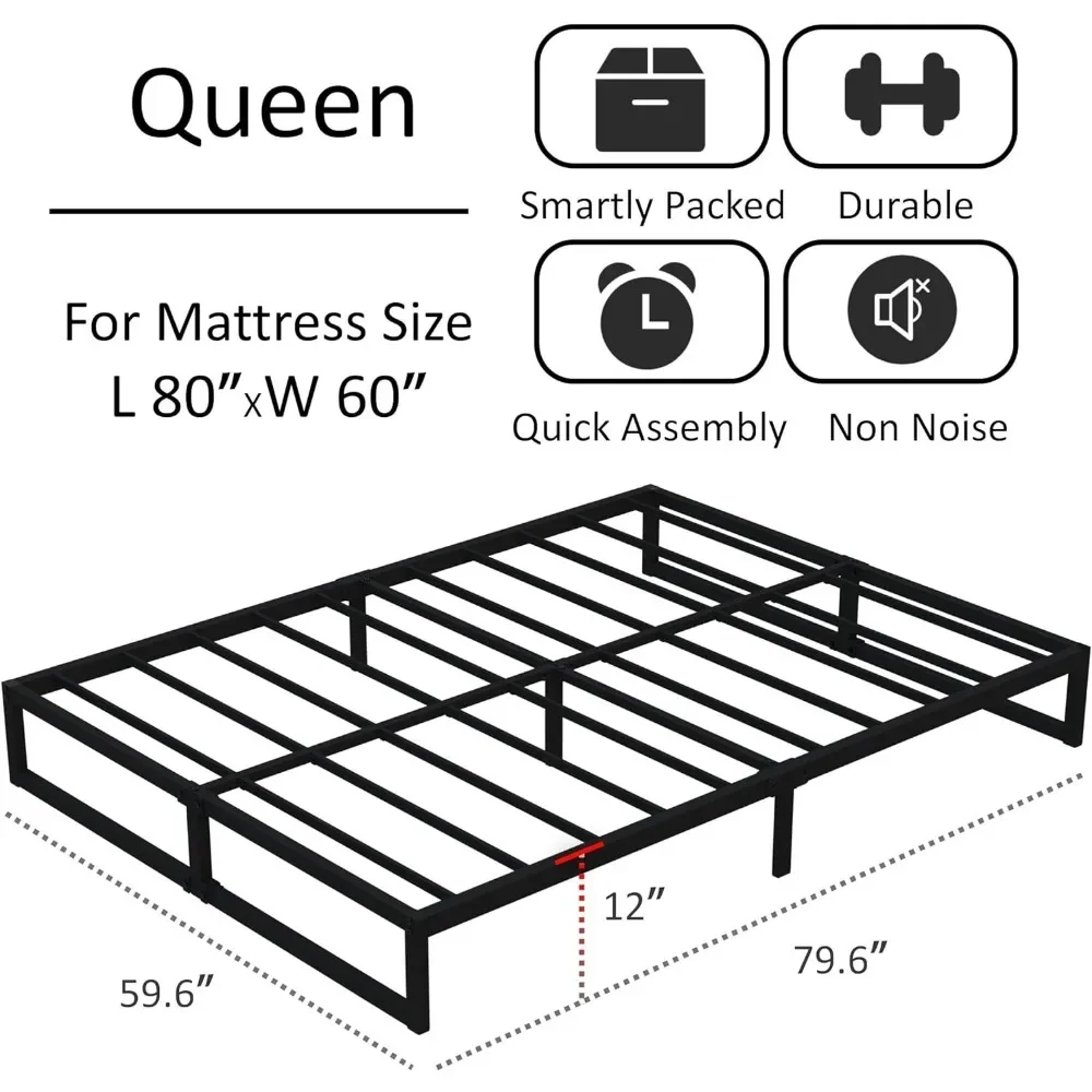 14 inch large bed frame heavy duty steel slats support, large size without springs, easy to assemble, metal platform bed frame