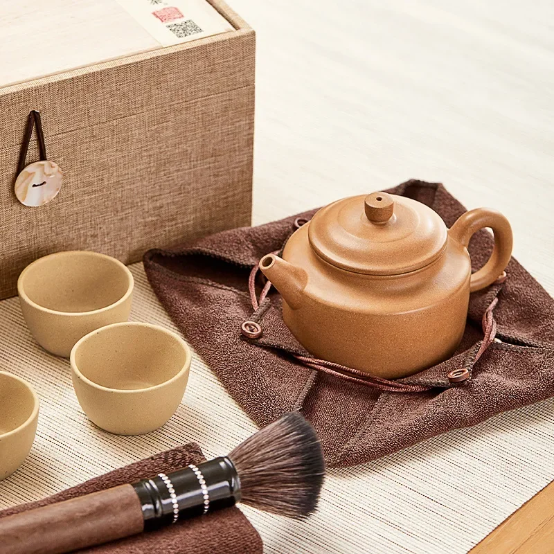 Yixing Zisha pot famous craftsman pure handmade, Dezhong pot making teapot, tea set raw ore gold section mud de