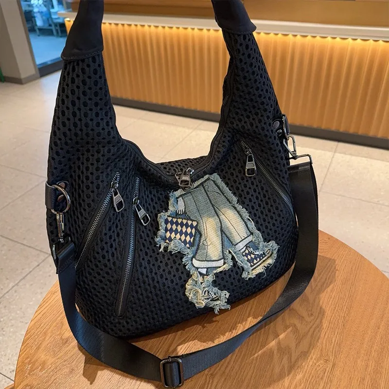 Women Fashion Shoulder Bag Mesh Patchwork Handbag Crossbody Bag Large Capacity Retro Commuter Trendy Bag