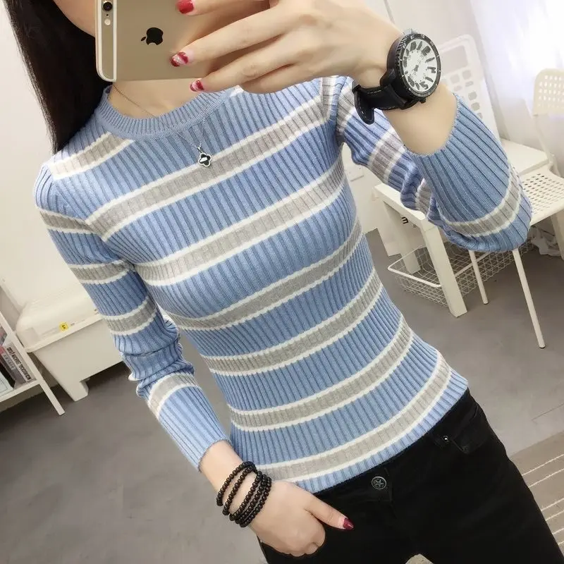 Autumn Winter New Striped Patchwork Sweaters Ladies Slim Casual Fashion All-match Jumpers Top Women Bottoming Knitting Pullovers