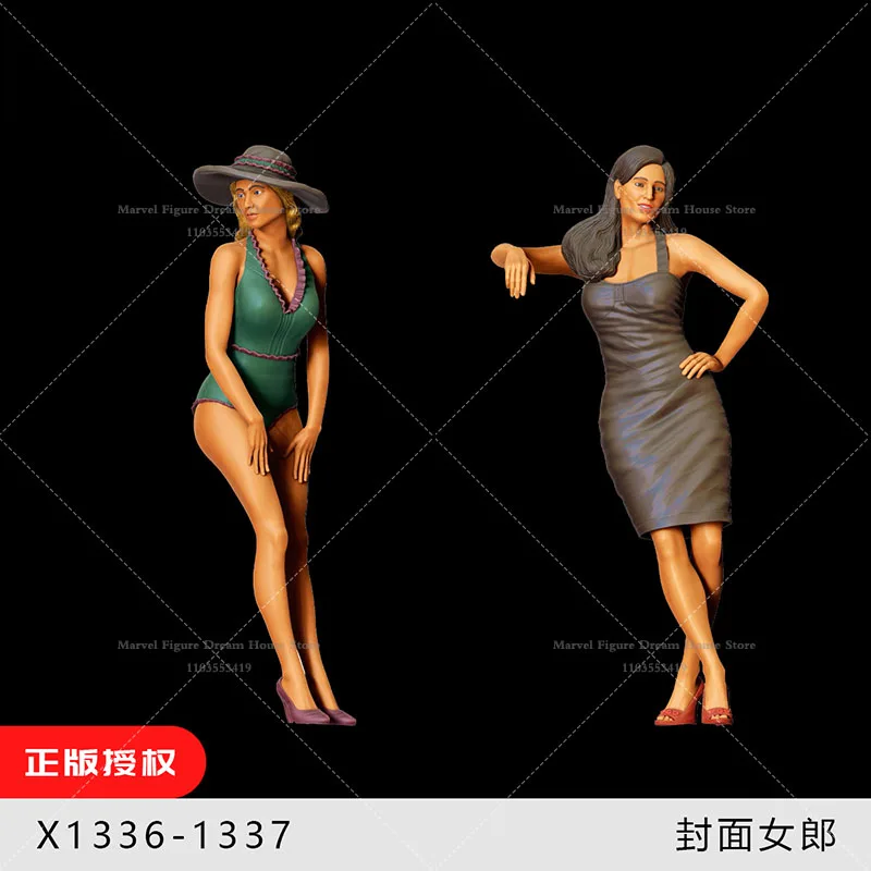 1/64 1/43 1/35 Scale Miniature Scene Doll Pin-up Girl Retro Sunhat Swimsuit Long Skirt Model Union Un-panited White Mini Figure