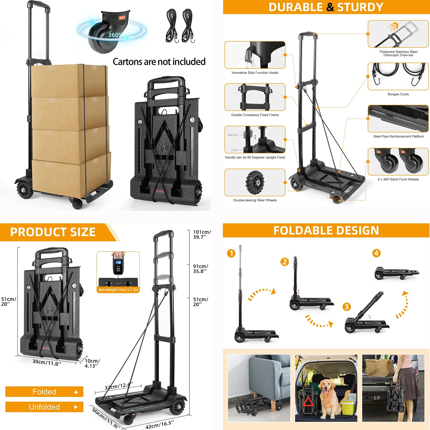 SELORSS Hand Truck Portable Dolly Compact Utility Luggage Cart Detachable 360°Noiseless Rotate Front Wheel 4 Wheels