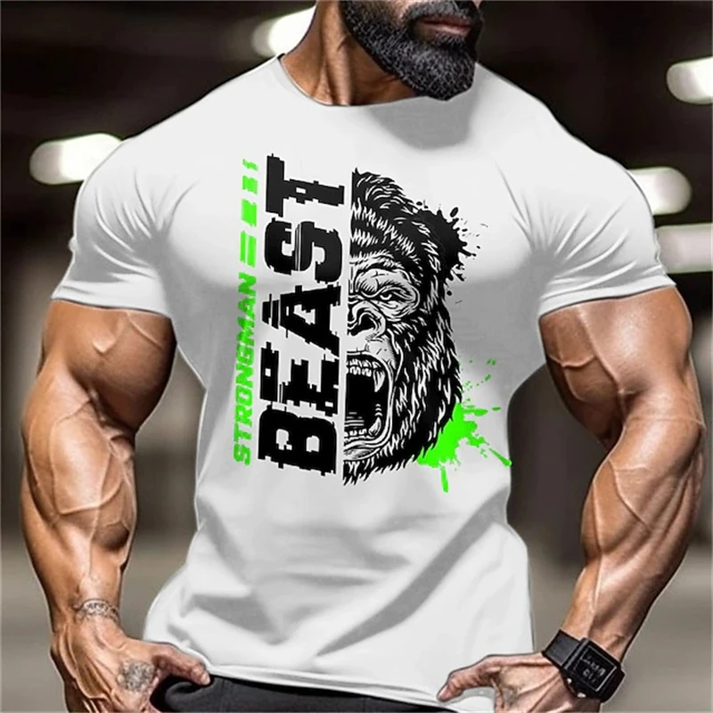 Strongman Beast Gorilla T Shirt Men's Gym Fitness Graphic Tee Short Sleeve Crew Neck Bodybuilding Workout Muscle Training Street