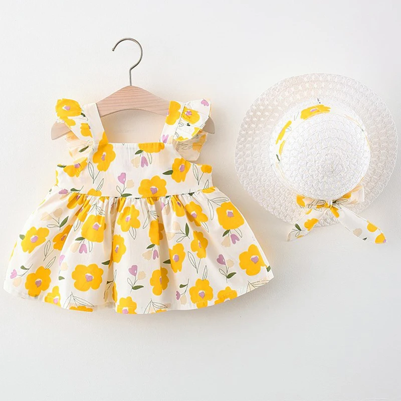 2Piece Sets Summer Baby Girl Clothes 2024 Korean Fashion Cute Flowers Sleeveless Princess Kids Dress+Hat Toddler Dresses BC1829