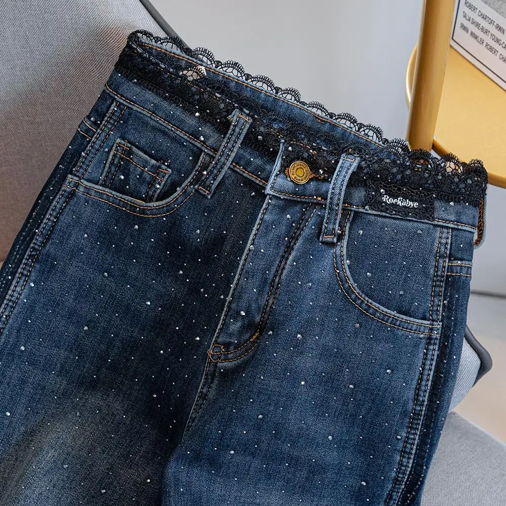 Vintage rendas strass denim calças femininas coreano cintura alta retalhos perna larga jeans na moda fivela casual calças retas