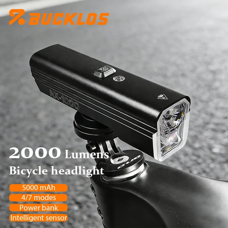 

BUCKLOS 2000LM Bicycle Front Light Smart Bike Headlight Aluminum Alloy Bicycle Lights IPX5 Waterproof Rechargeable Bike Lamp
