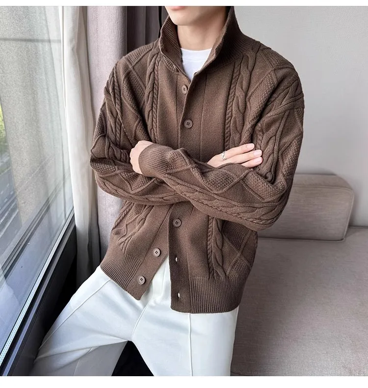 

Men's Solid Color Stand Collar Long Sleeve Single-breasted Casual Trendy Loose Knitted Sweater Cardigans Male Coats Clothes Tops