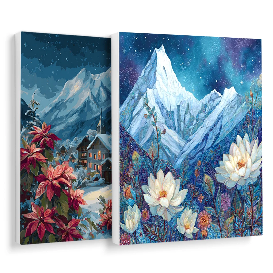 

RUOPOTY Paint By Numbers Snow-capped mountain flower scenery Draw Picture Frame Oil Arts Crafts Diy Set Artwork Home Decoration