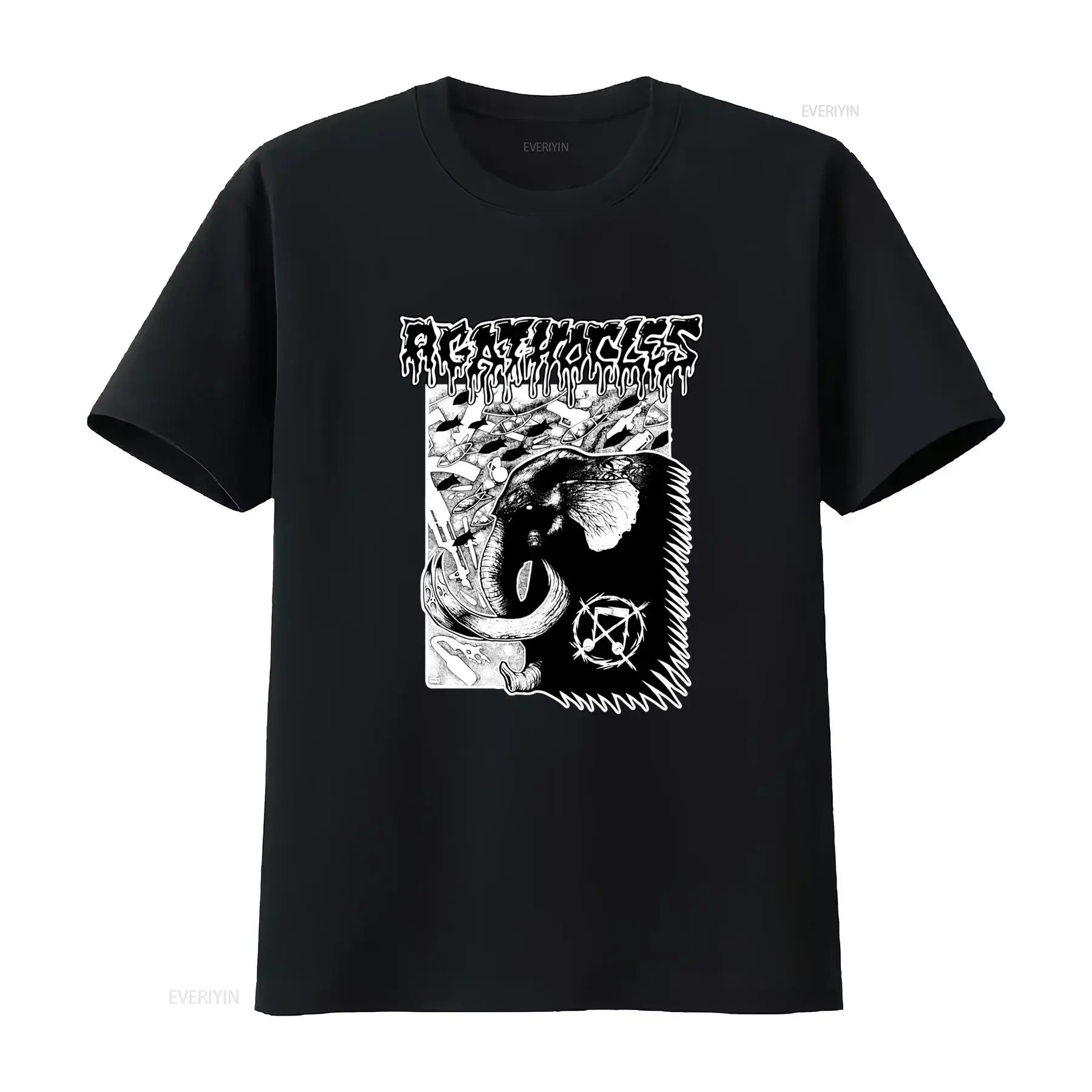 AGATHOCLES Album T Shirt Cotton Black for Men Sizes S to 5XL Unique Elephant Symbol Print vintage Washed Stretched Comfortable