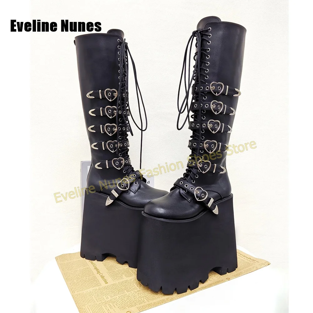 Y2K Gothic Lolita Tall Platform Boots Black Matte Heart Shaped Metal Buckle Chunky Sole Punk Street Style Party Fashion Shoes