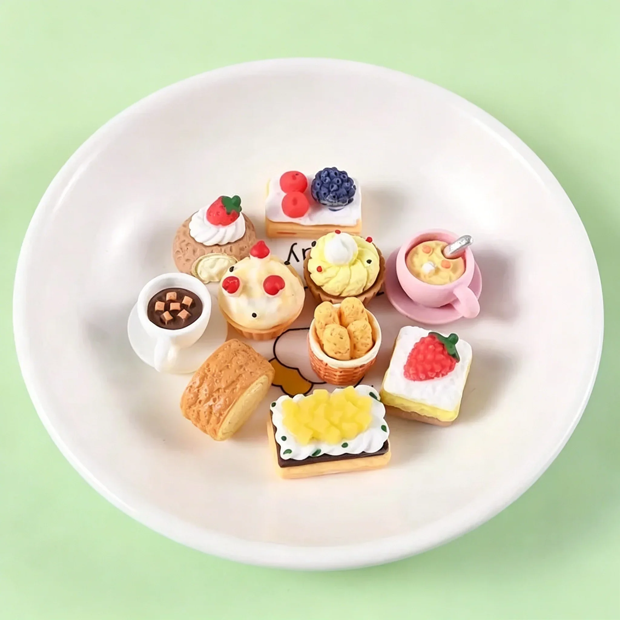 10Pcs Simulation Bread Cake Milk Tea Resin Charms, Breakfast Food Cabochons for Dollhouse Kitchen Decor & DIY Craft Supplies