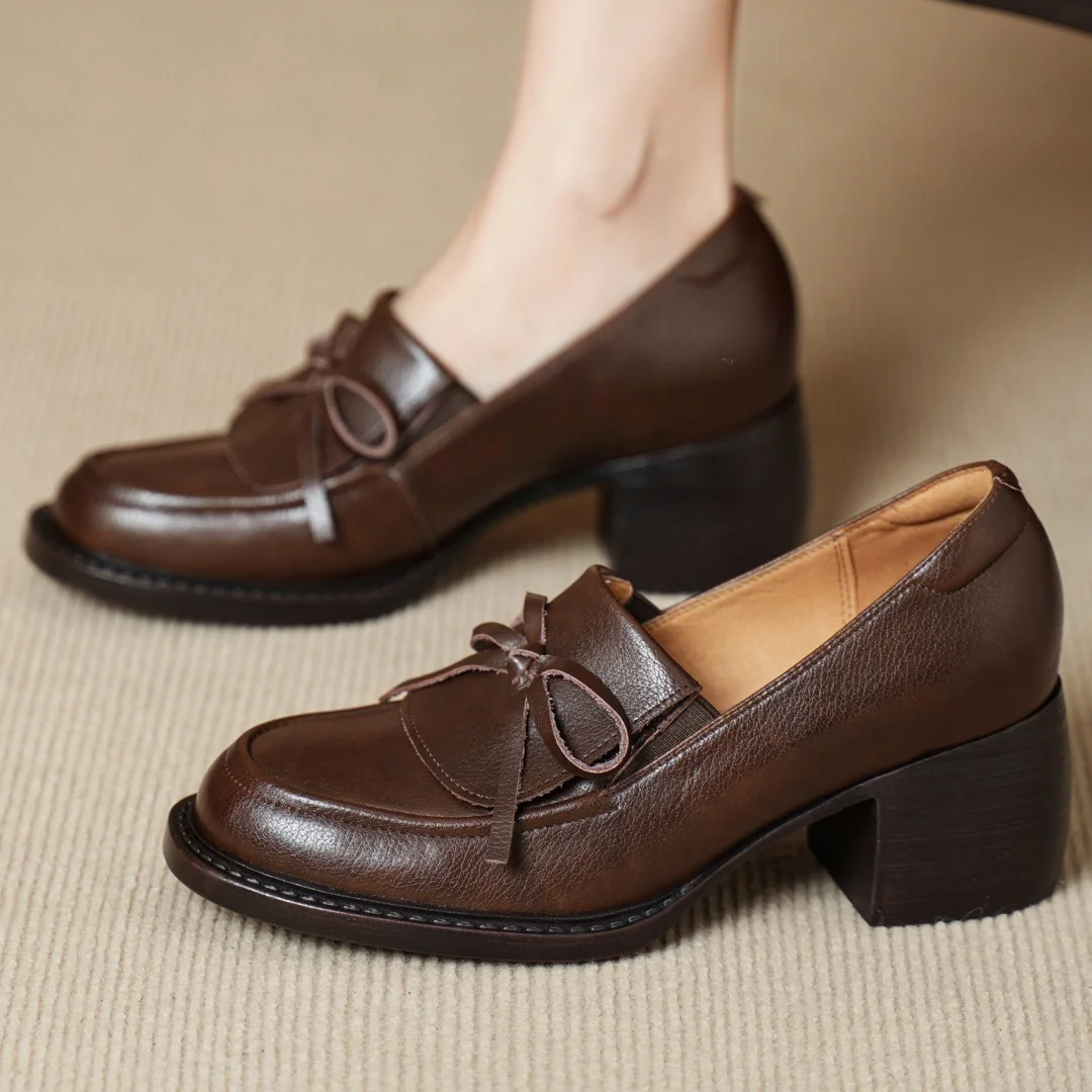 

Women's genuine leather round toe sweet bowtie slip-on pumps 5.5cm thick med heel OL style female daily moccasins heels shoes 40