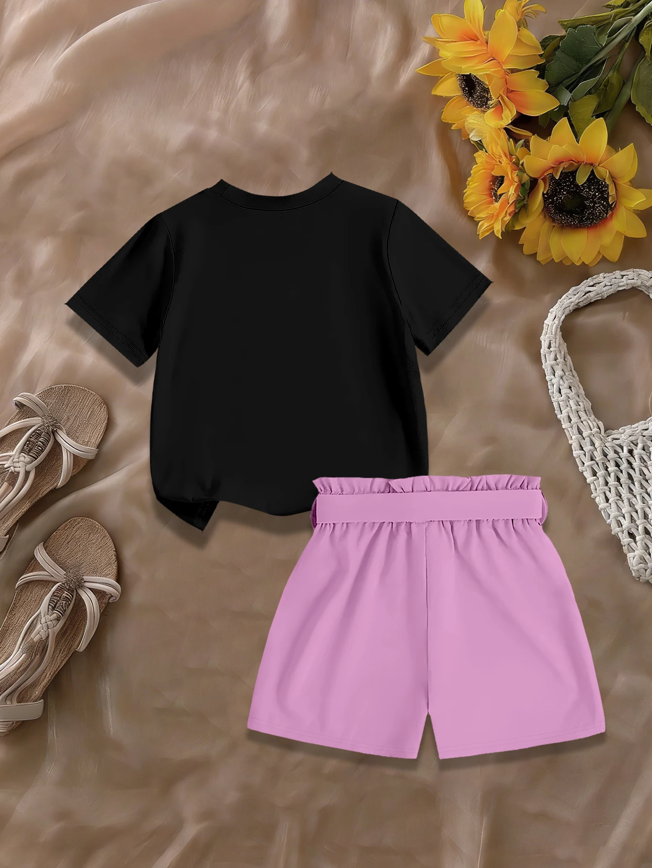 2 pieces: Girls Summer Cute T-shirt Shorts Set Cartoon Purple Pearl Bow Woven