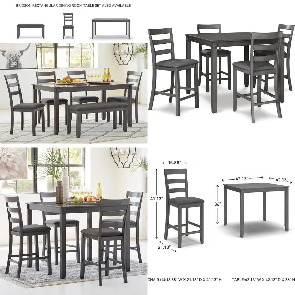 

Обеденный набор из 5 предметов: стол и 4 серые барные стулья с лестничной спинкой, деревянные.