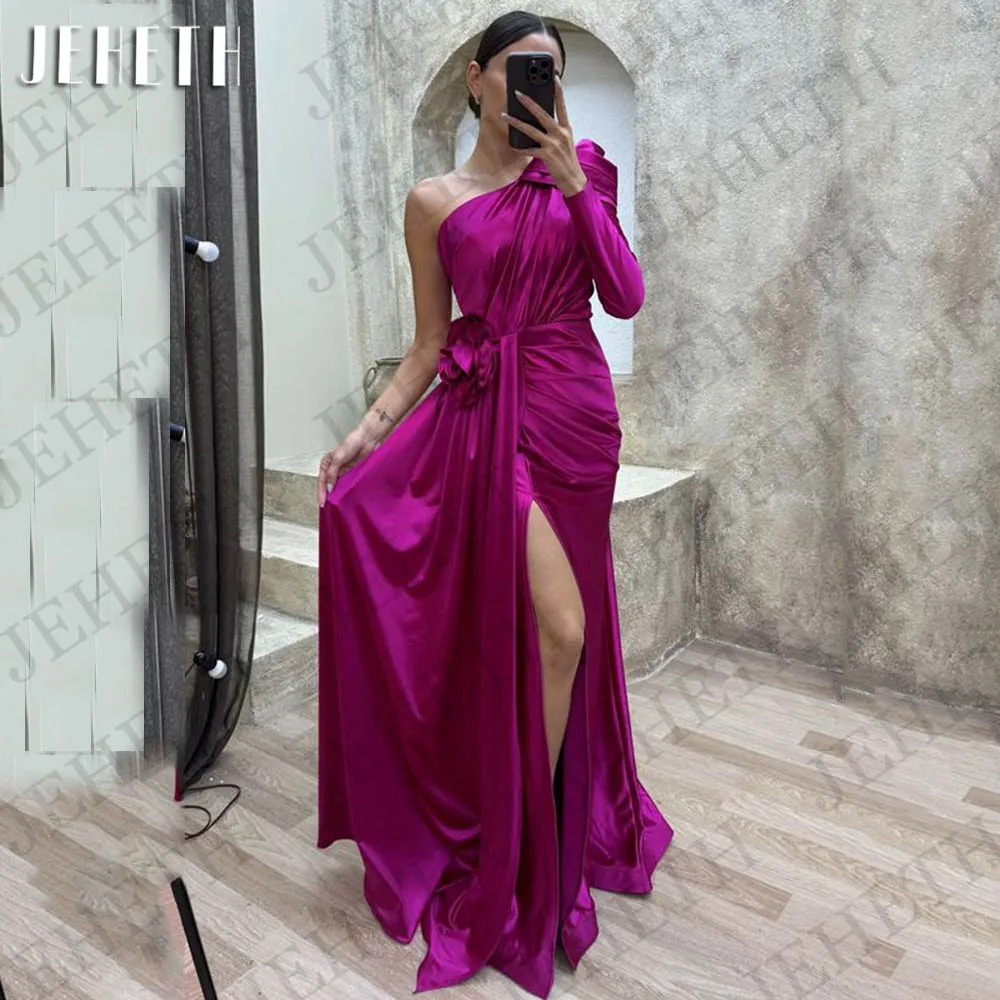 JEHETH Saudi-Arabië Satijn Avondjurken met één schouder Zeemeermin Fuchsia Split Flowers Prom Speciale gelegenheid Gown vestidos de gala Saoedi-Arabië één schouder satijnen avondjurken  Zeemeermin Fuchsia Split Bloemen