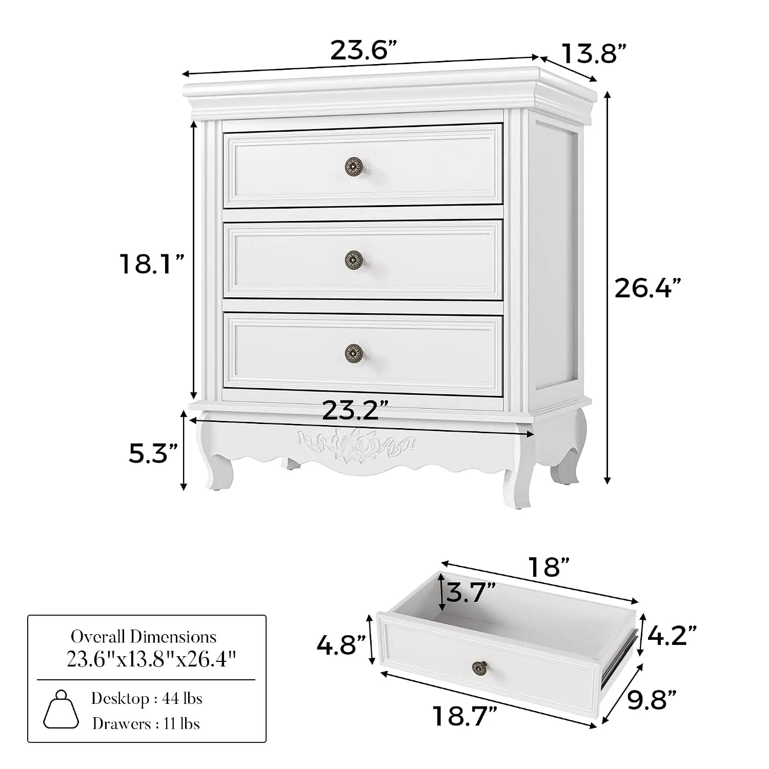 Nightstand Set of 2, Pre-Assembled Bedside Table, 23.6