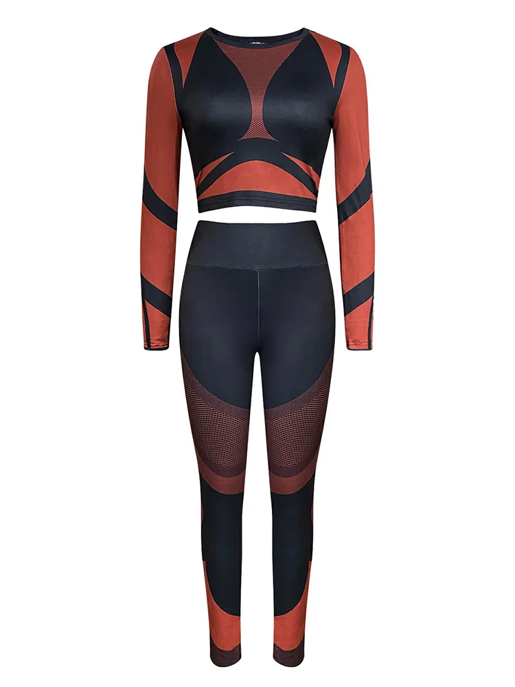 LW Sexy Pant 2 Piece Sets Women Outfit 2024 Autumn Skinny Round Neck Crop Tops Bodycon Streetwear See Through Yoga Pants Set