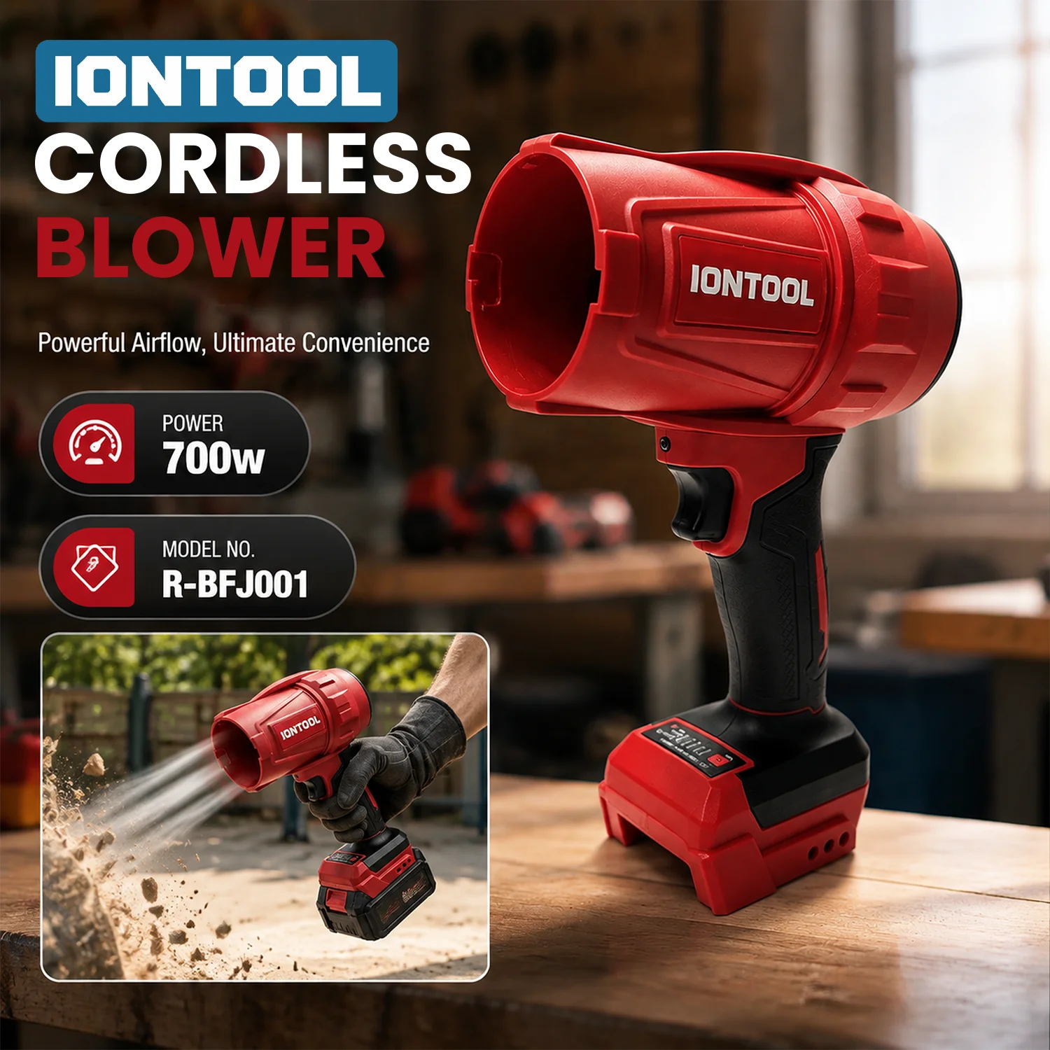 Leaf Blower Cordless - IONTOOL ポータブルコードレスリーフブロワー 700W 屋根の雨どいのゴミ吹き飛ばし、バルコニーの埃取り、庭の清掃作業用機器
