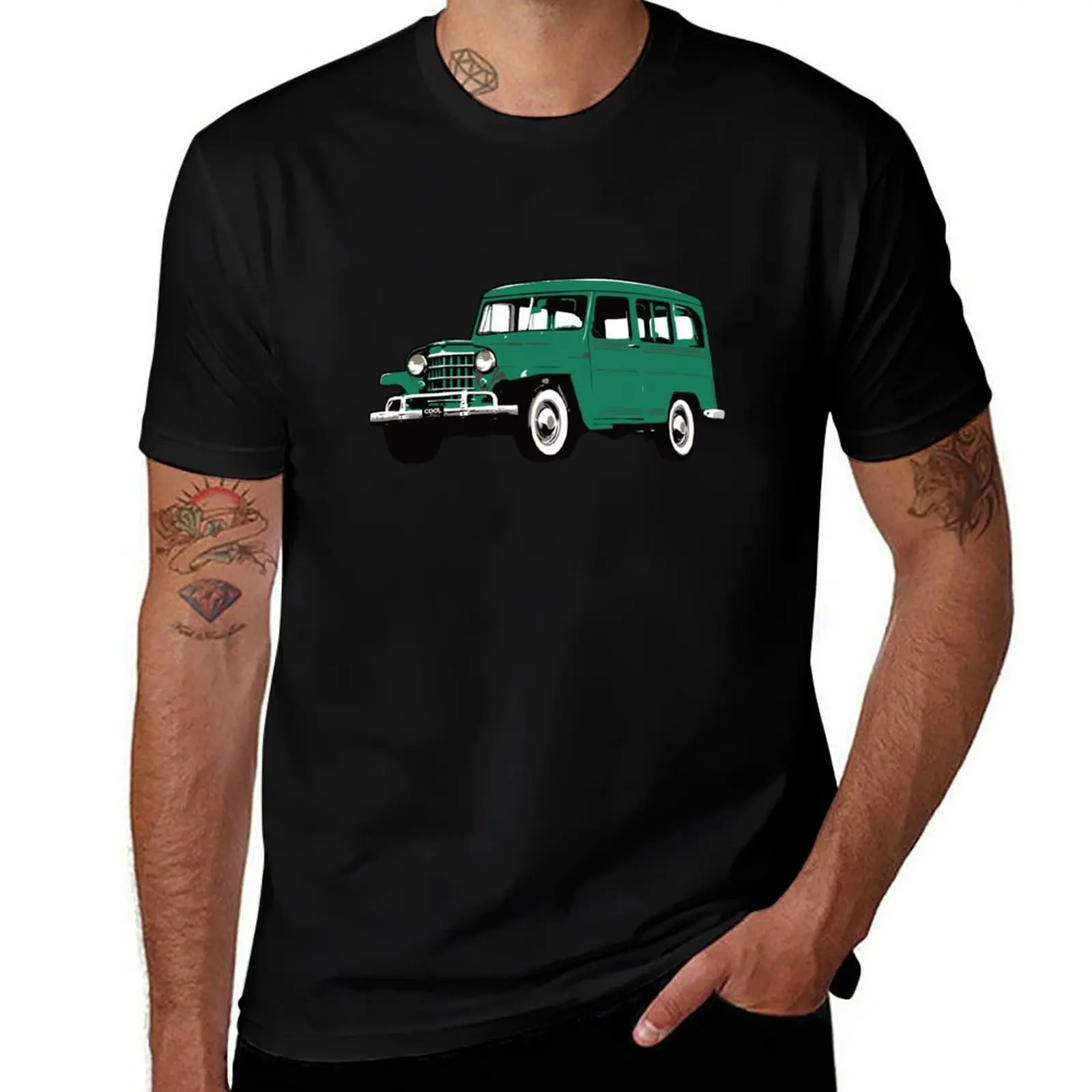 Green Vintage Station Wagon T-Shirt Fashion Pattern Printed Tee Shirt T-Shirt