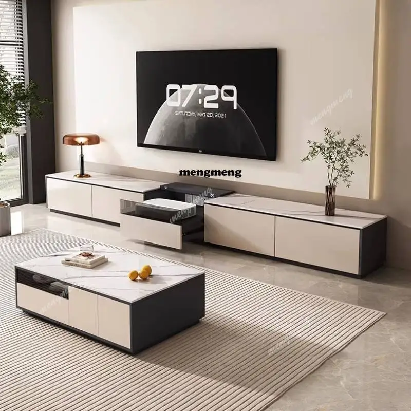 

Rock slab laser floor TV cabinet coffee table light luxury modern simple special telescopic table low cabinet