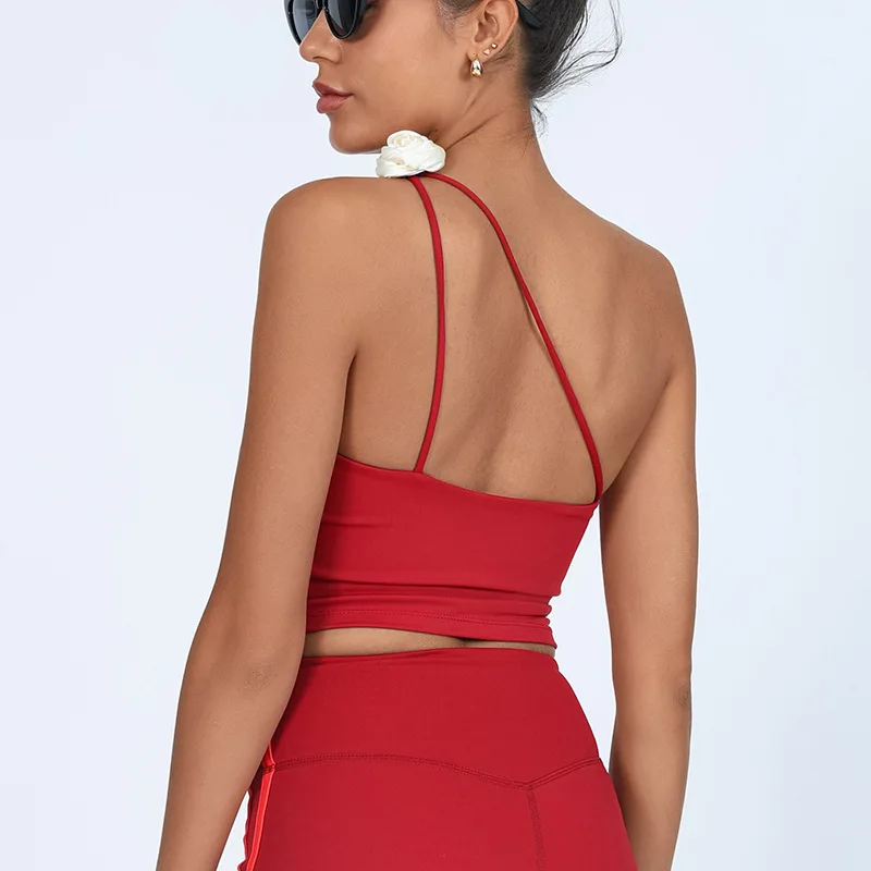 Off-shoulder Strap Yoga Top With Chest Pad Slimming Quick Dry Shockproof Running Fitness Wear Beauty Back Sports Bra For Women