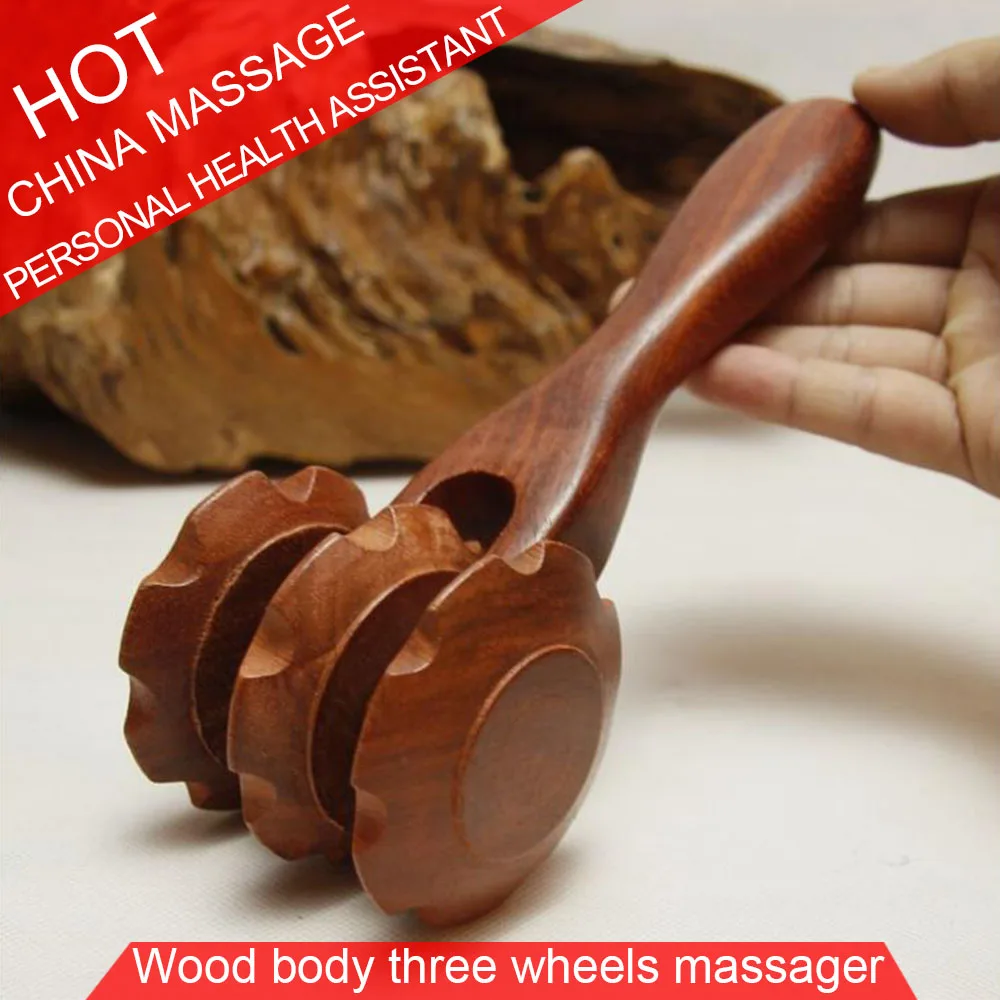 Rosewood & Fragrant Wood Three Wheels Massage Relax Abdominal Back Body Healthcare Massager