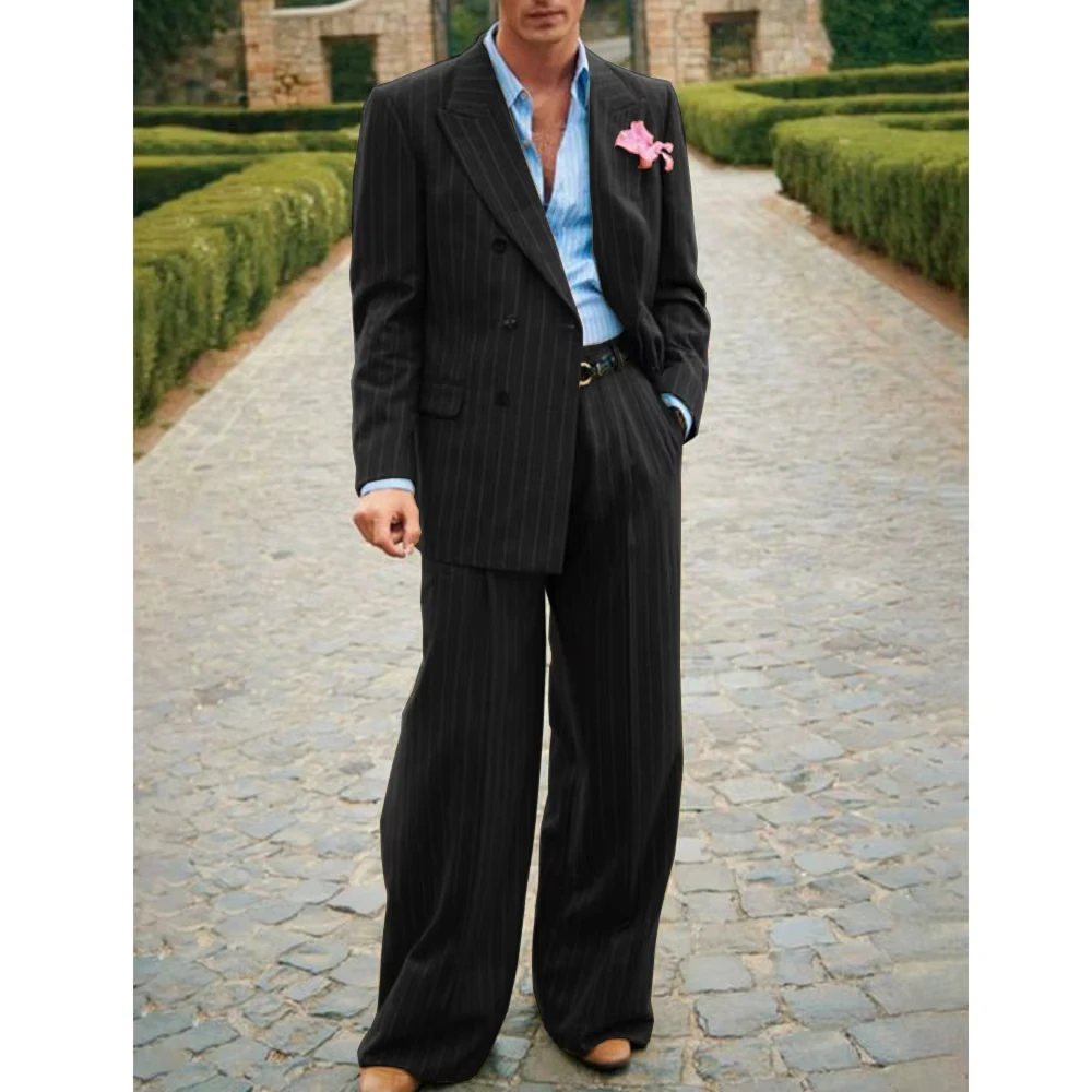 2025 Elegant Double Breasted Fashion Mens Striped Suit 2 Pieces Casual Party Prom Suit Korean Work Wear Busniness Customized