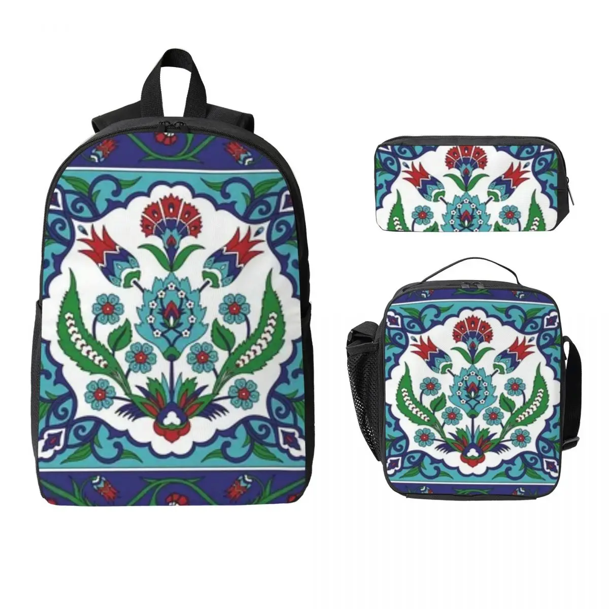 Turkish Tile Pattern Vintage Iznik Cer Backpack BookBag School Bag Computer Shoulder Bags 3ps Insulated Lunch Bag Pencil Case