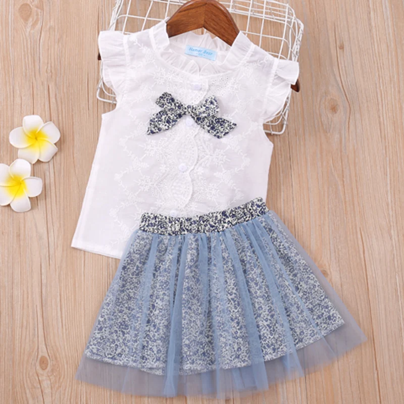 Summer White Shirt+Floral Mesh Skirt 2Pcs Casual Suit Bowknot Decoration Kid Clothes Children Girl Clothes