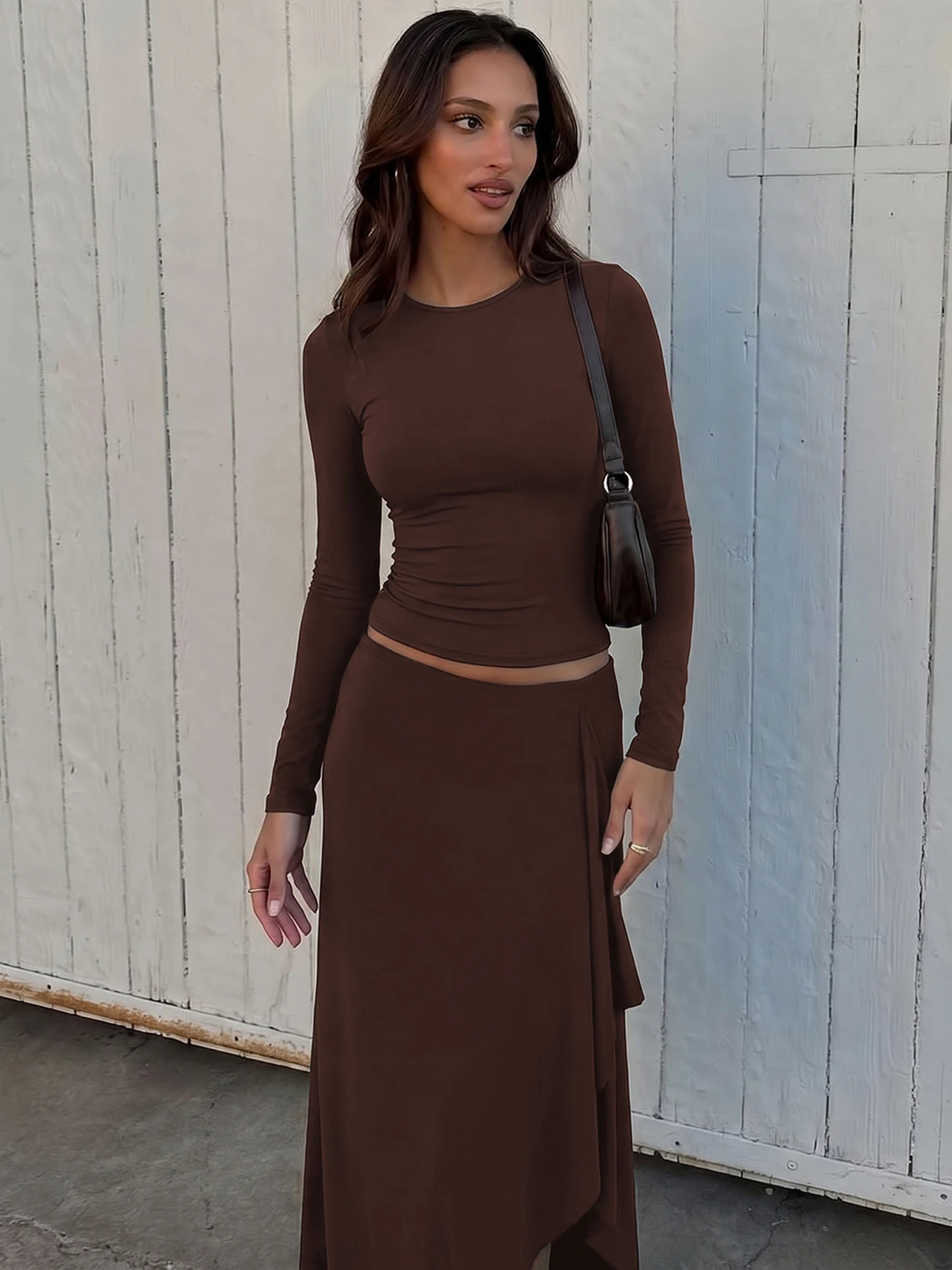 Hugcitar Fashion 2 Pcs Sets Solid Long Sleeve Sexy T-Shirt Top Ruffles Maxi Skirt Irregular Women Outfit Beach Vacation Fit