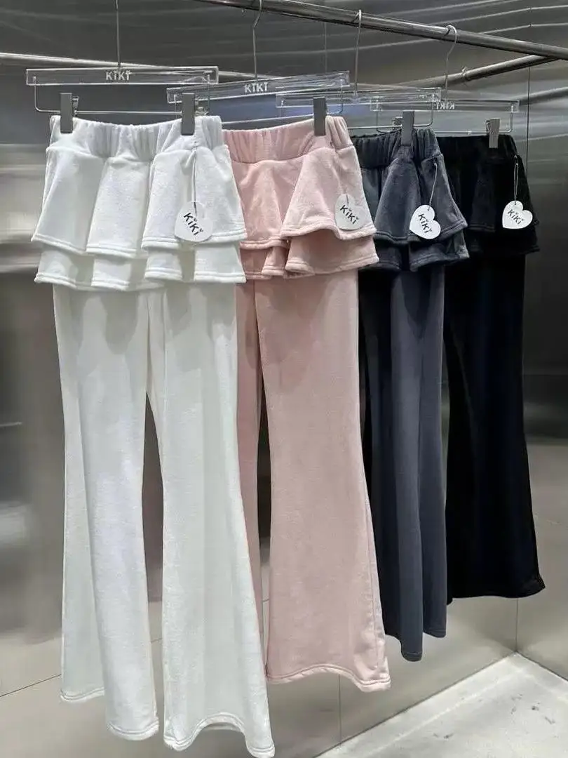 الكورية Sle سراويل تقليدية طبقة مزدوجة المخملية الدانتيل تقليم متوهج الساقين عالية الخصر السراويل الطويلة Personali لطيف وهمية قطعتين