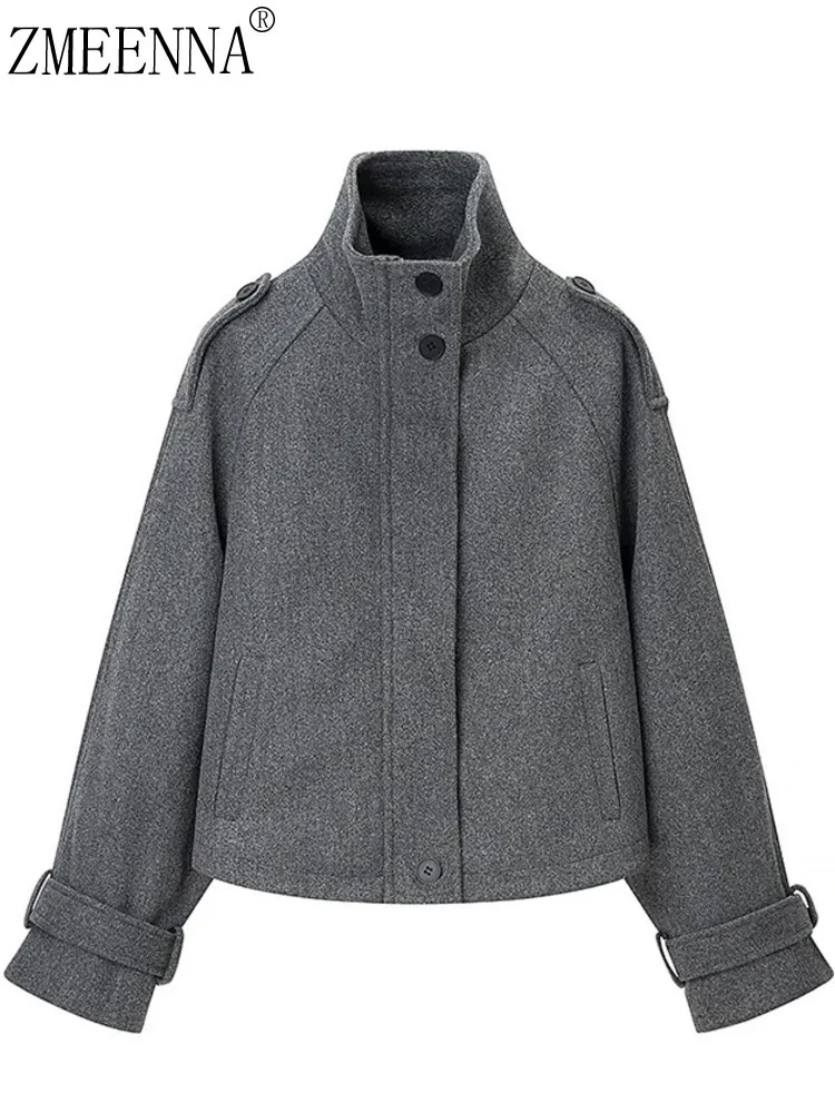 

ZMEENNA женская короткая куртка серая с высоким воротником-стойкой и пуговицами спереди с клапанами и карманами большого размера теплая зимняя верхняя одежда ZM4497
