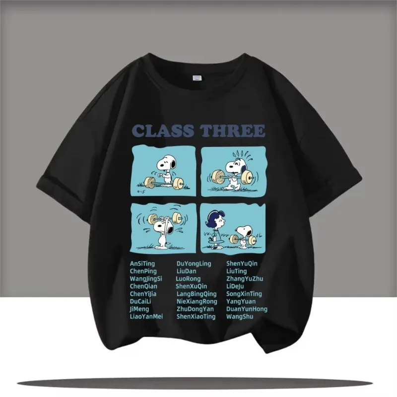 2026 صيف جديد شبكة مستديرة الرقبة تي شيرت تشارلي براون و سنوبي الكرتون أنيمي الأطفال الشارع العلوي القطن الخالص قصيرة الأكمام