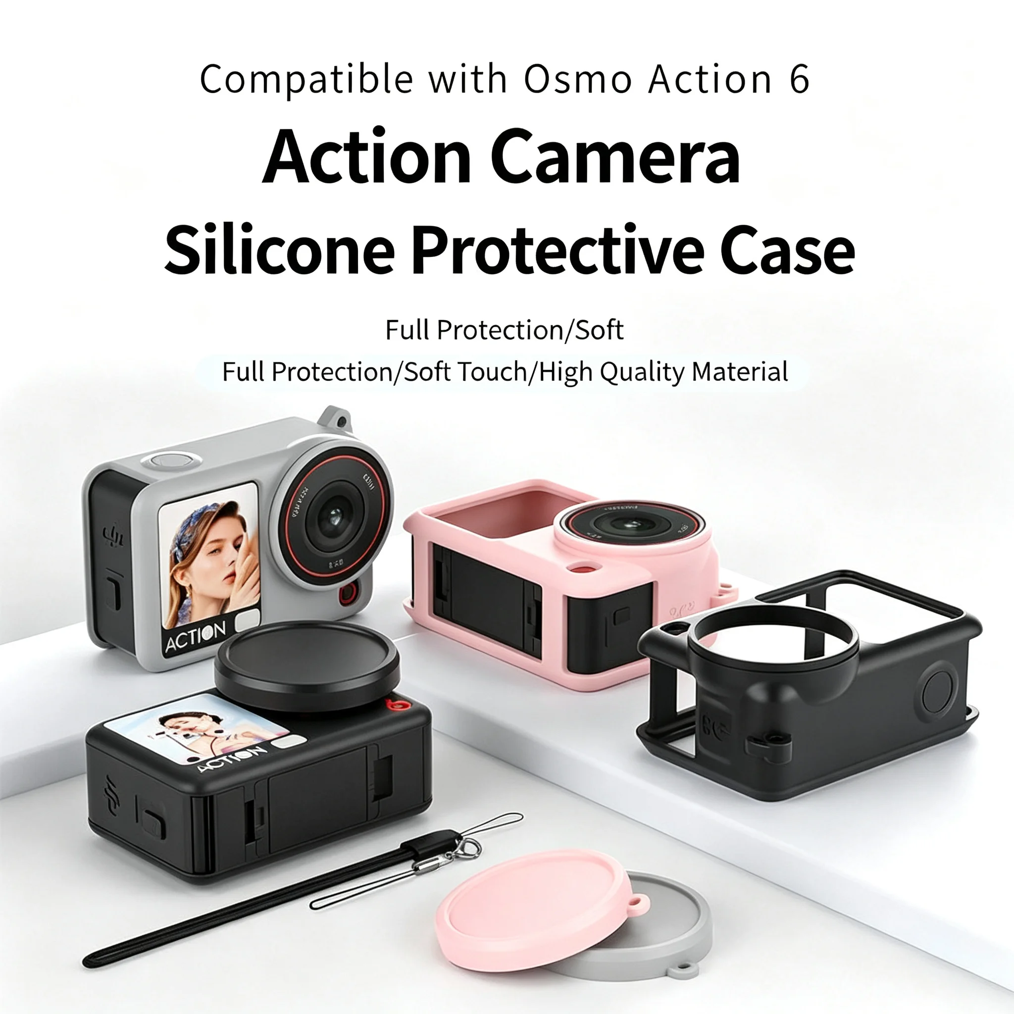 Silicone Case for DJI Osmo Action 6, Shockproof Full Coverage with Lens Cap & Lanyard Hole  Skin-Friendly Smooth Touch  Magnetic