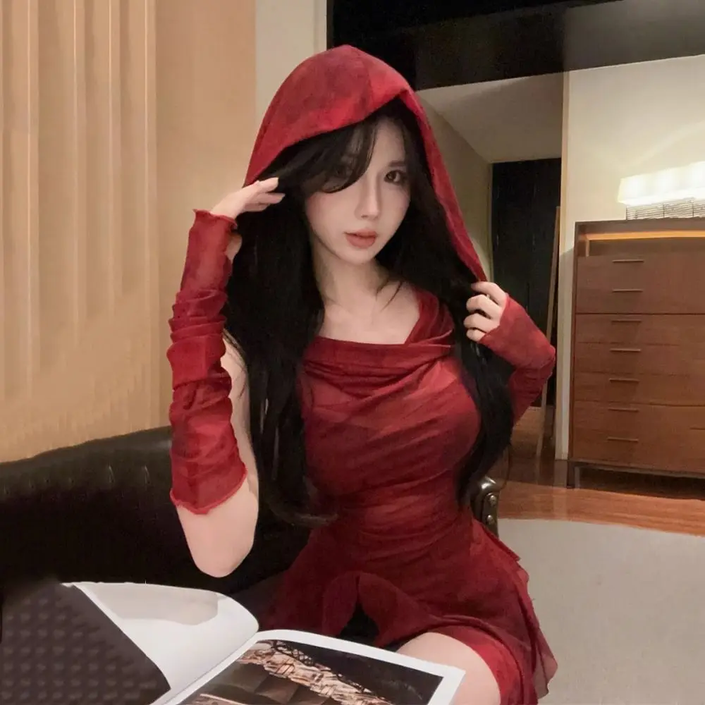 

Y2K футболки с рюшами и длинными рукавами, футболка с капюшоном, сетчатая винтажная готическая уличная одежда с капюшоном и рукавами, женские топы с длинными рукавами