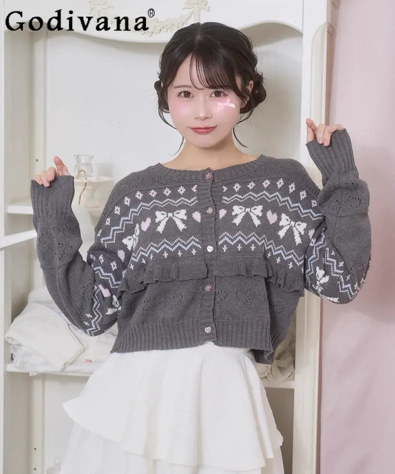 

Новый весенний кардиган 2026 в японском стиле: модный жаккардовый серый вязаный укороченный кардиган для девочек и женщин, повседневный универсальный свитер