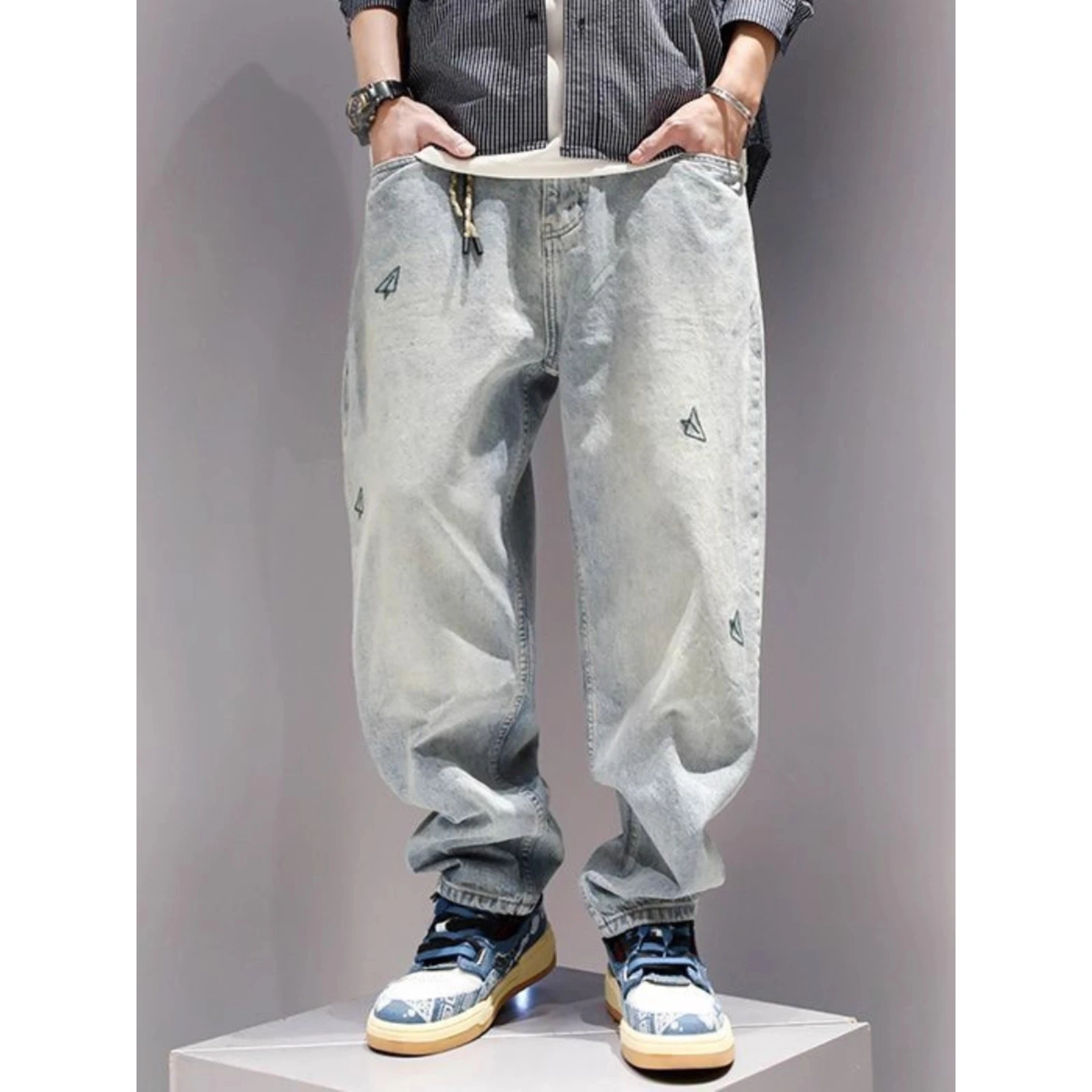 

Autumn Winter plus Size Embroidered Paper Plane Straight Leg Jeans Men's Loose Casual Versatile Long Trousers