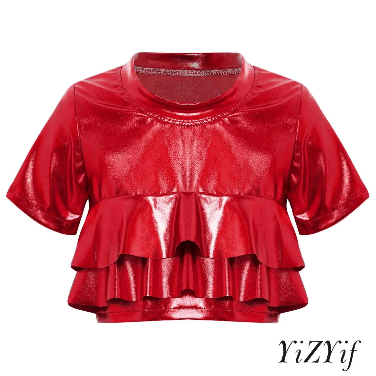 

Kids Girls Metallic Ruffled Crop Top Round Neck Short Sleeves T-shirt for Cheerleading Jazz Dance Stage Performance Party