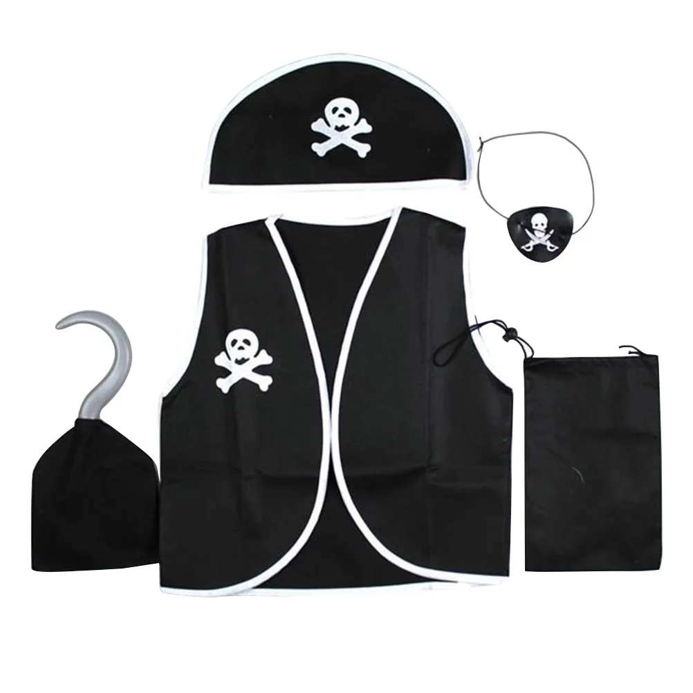 

5 pcs Pirate Costume For Kids Non-Woven Halloween Dress Up Suit With Hat Vest Eye Blinder Bag Pretend Play Cosplay Clothes Fancy