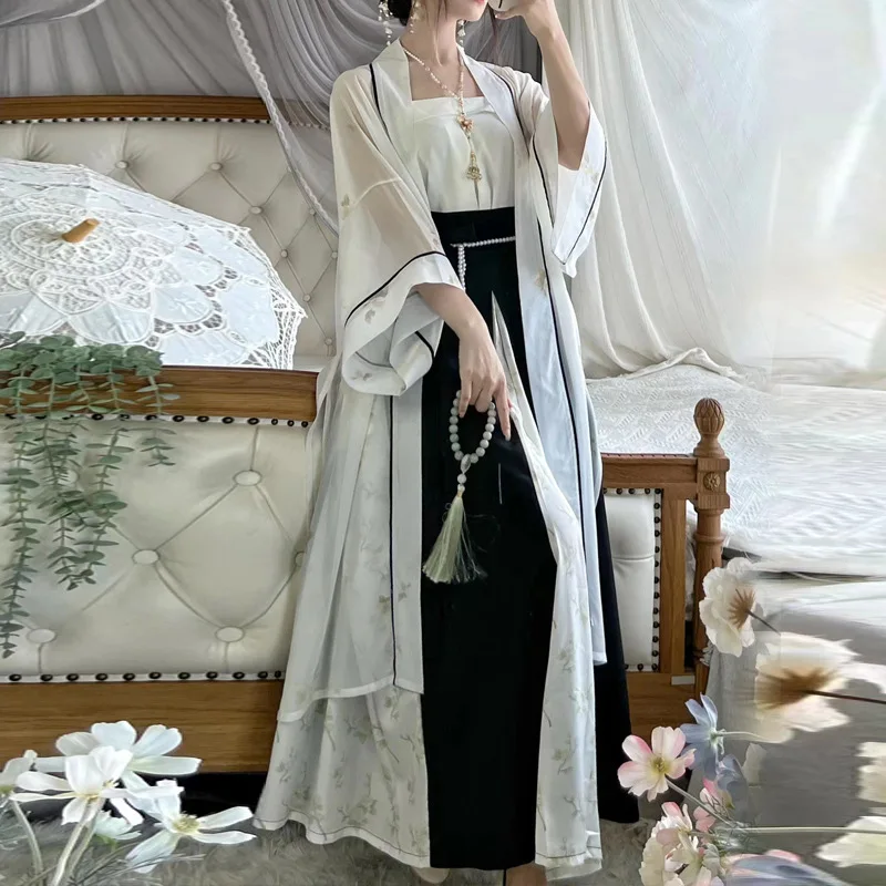 Summer Chinese Ancient Hanfu Dress 3Pcs Improved Modern Style Traditional Clothes Printed Cardigan Coat&Top&Skirt Sets Hanfu