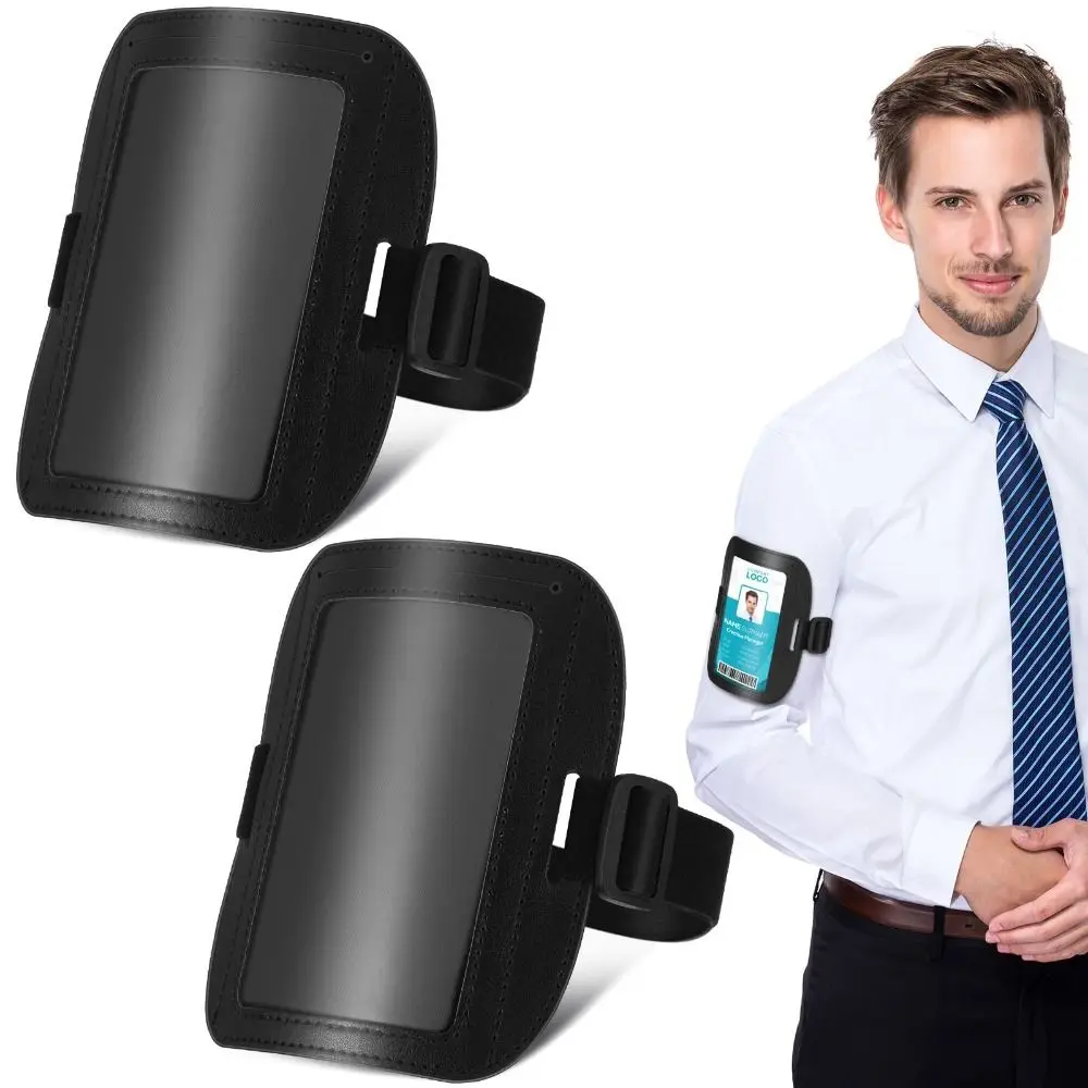 PU Leather Arm Badge Holder Adjustable with Elastic Band ID Armband Waterproof Multifunctional Card Holder for Work Postcards