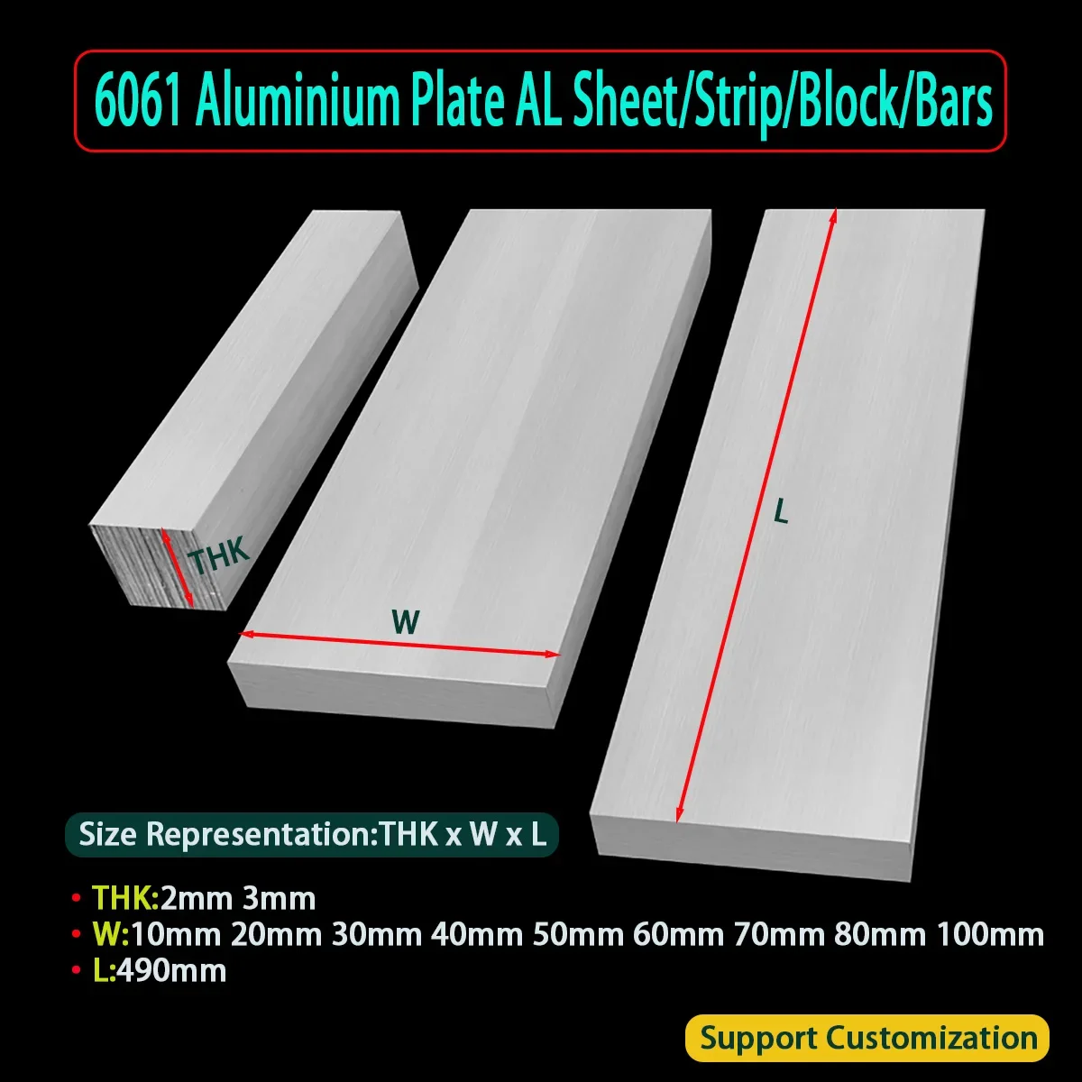 

6061 Aluminium Flat Strip Bar Plate AL Sheets Block CNC Metal Home DIY Thickness 2mm/3mm Length 490mm