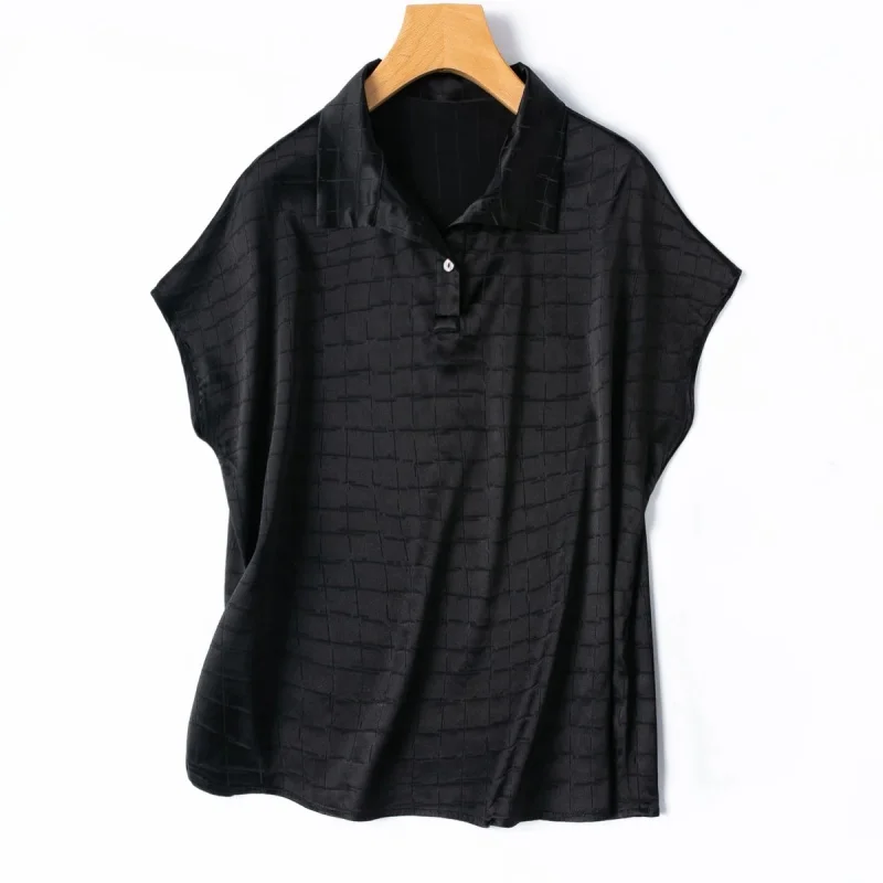 Birdtree, 20MM 93% Silk 7% Spandex Tshirt, Short Sleeve Polo Neck Tops, Women Jacquard Satin Shirt, 2026 Summer New T65021JF