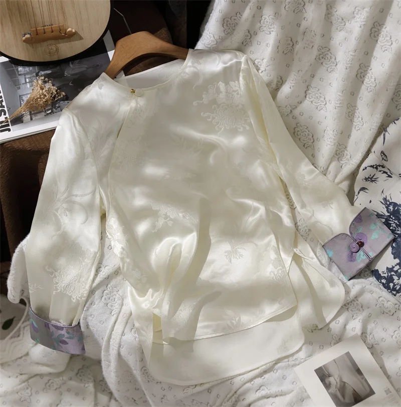 

Ele New Chinese Sle Embroidered Silk Women's Top Song Jin Patchwork Color Blo Oblique Sve Bule Silk Sma...