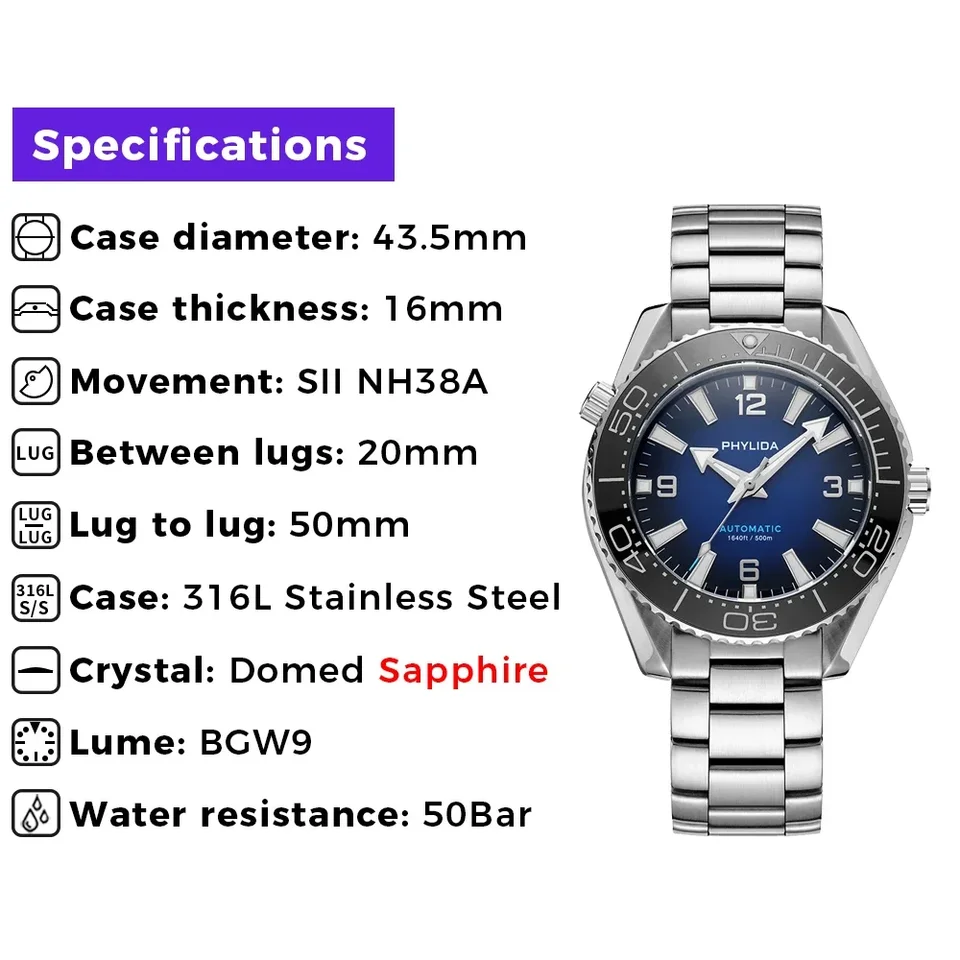 PHYLIDA 500m Blue Men's 43.5mm Automatic Ultra Diver Watch Deep