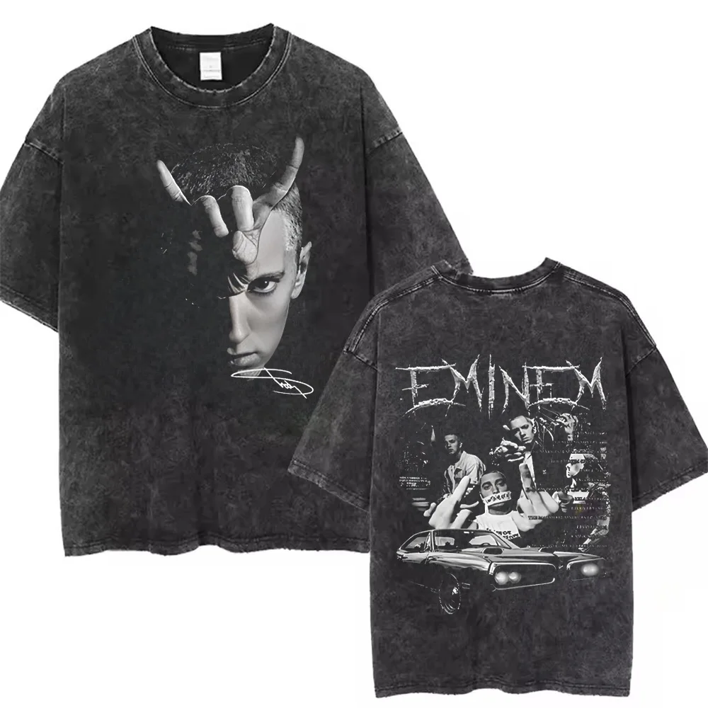 90s Rapper Eminem World Tour Music Washed T-shirt Unisex Gothic Streetwear Graphic T Shirts Men's Cool Hip Hop Vintage
